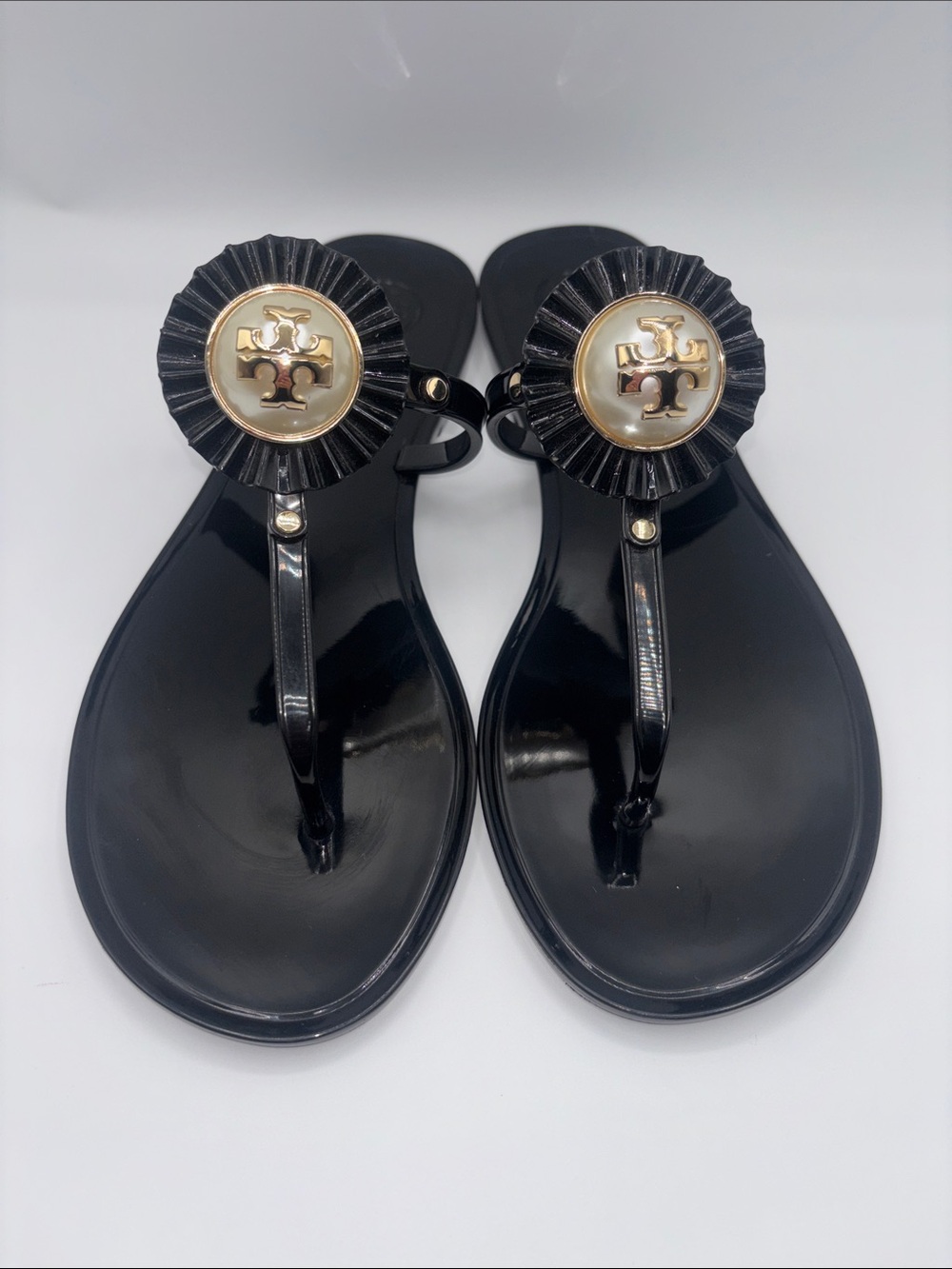 Tory Burch Black Patent Jelly Thong Sandals with Gold Logo Accent